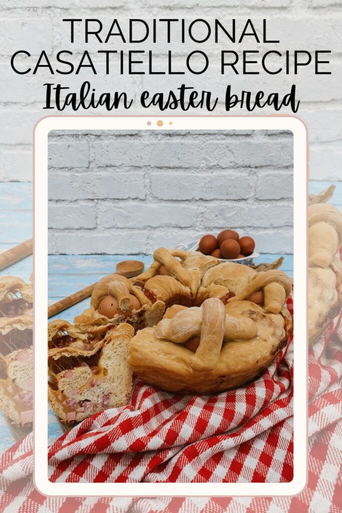 casatiello bread recipe on a wooden board on a wooden background - pin image