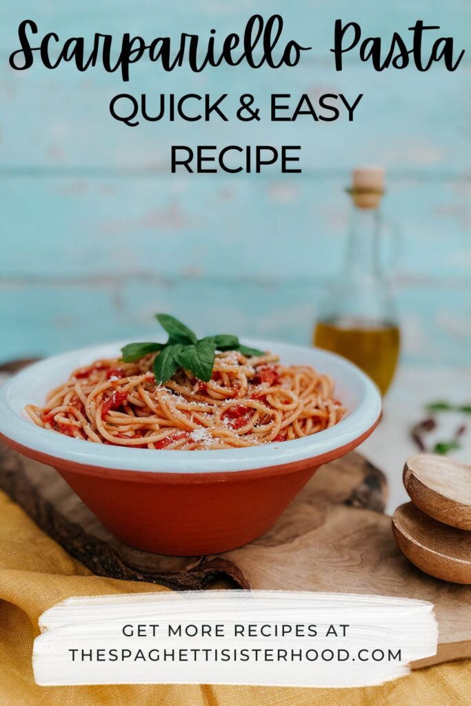 a pasta bowl filled with tomato spaghetti and topped with basil leaves, with text on top