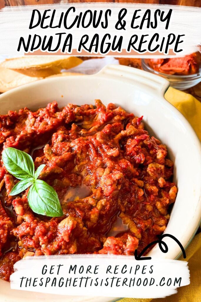 pot of nduja ragu on a wooden background, bread and towel, olive oil on sides - pin image