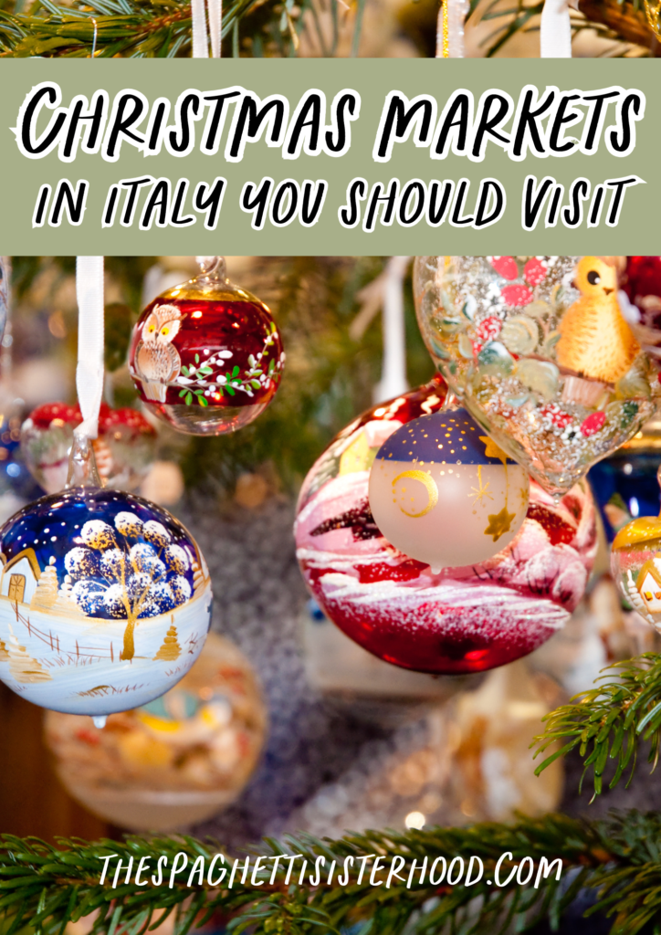 christmas ornaments close up with text on top - pinterest image