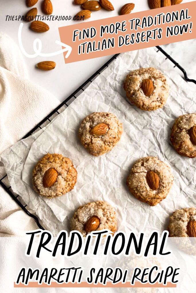 amaretti sardi on parchment paper, laying on a grid, a white towel around, more almonds in pots