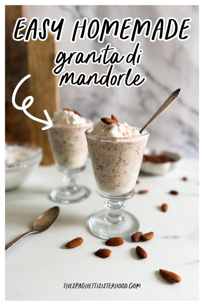 pin image granita di mandorle in two tall glasses, spoon, almonds and cream in the background