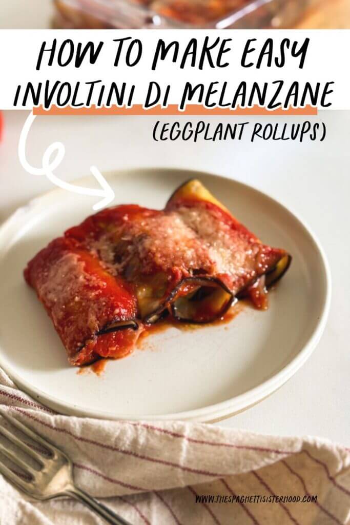 pin image - plate of involtini melanzane with a fork on the towel, a tray with more eggplant rollups behind