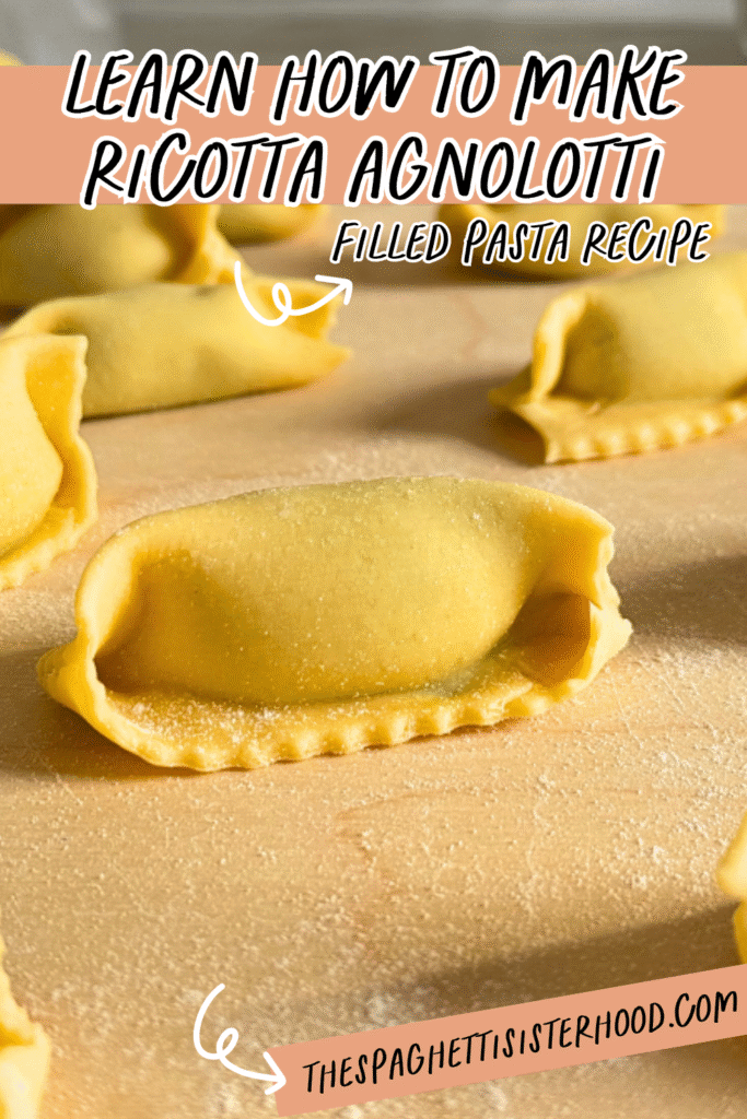 pin image ricotta agnolotti, on a wooden board, on marble background, flour and filling in the back
