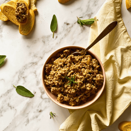 white ragu in a bowl, spoon in the bowl, towel on the side, on a marble background, crostini and sage leaves around